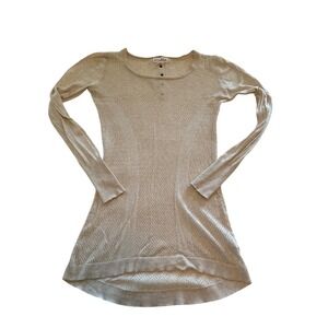 Shrinking Violet Oatmeal Beige Chevron Pointelle Knit Henley Long Sleeve Top S